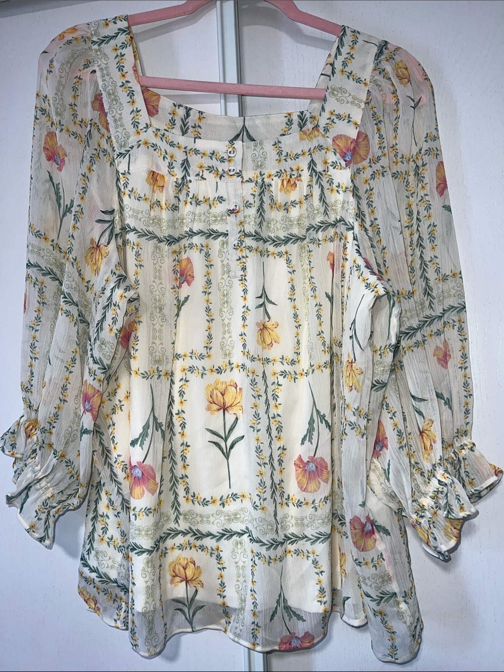 LC Lauren Conrad Cream Floral Square Neck Blouse